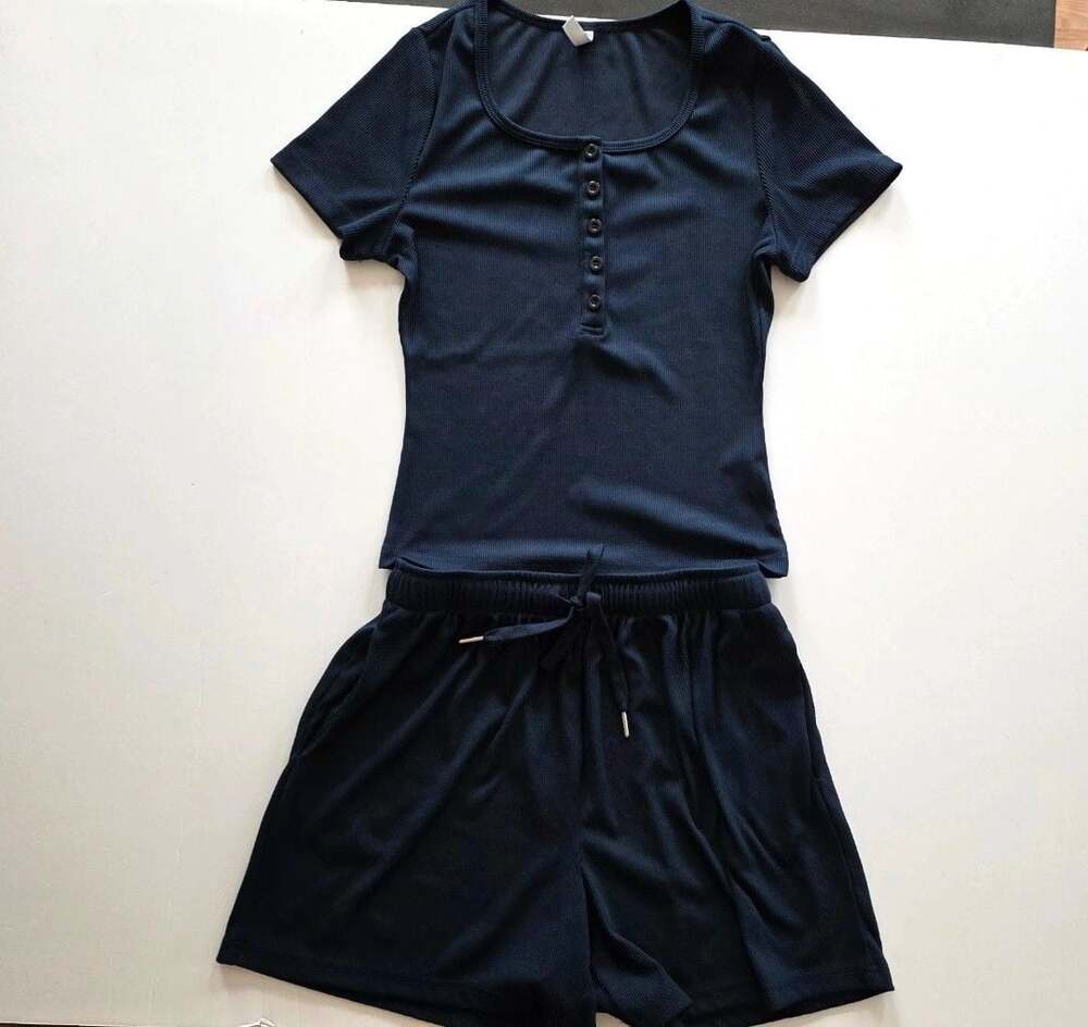 PrettyGarden Loungewear Set Size S Navy Ribbed Short Sleeve Henley Shorts